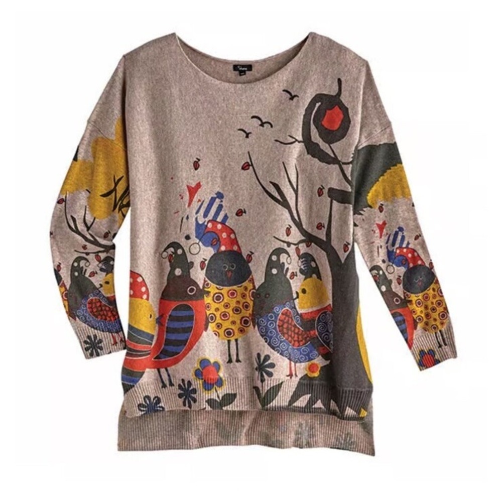 Women's FLORIANA Festive Birds Sweater Holiday SZ S Thanksgiving Pullover Knit‎